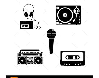 May include: Black and white vector graphic of music-related items. Includes a cassette player with headphones, a record player, a microphone, a boombox, and a cassette tape. The image has an SVG logo in the bottom left corner.