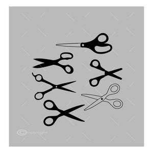 May include: A set of six black scissors of various sizes and shapes. The scissors are isolated on a gray background.