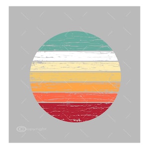 May include: A circular design with a distressed wood grain texture. The design features a series of horizontal stripes in shades of teal, white, yellow, orange, red, and burgundy.