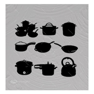 以下が含まれることがあります： 鍋、フライパン、やかんを含む、黒いシルエットのキッチン調理器具のセット。調理器具は灰色の背景に一列に並んでいます。