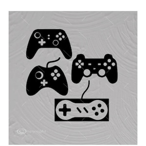 May include: Four black video game controllers, including a classic joystick, two handheld controllers, and a console controller.