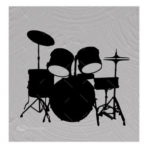 May include: A black and white silhouette of a drum set with a bass drum, two toms, a snare drum, and cymbals.