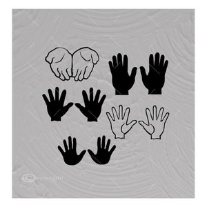 May include: A set of black and white hand silhouettes in various poses. The hands are shown in a variety of positions, including open palms, closed fists, and fingers pointing.