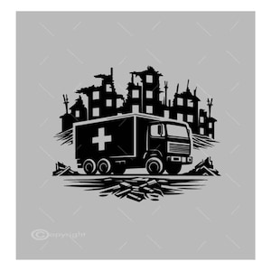May include: A black and white illustration of a medical truck driving through a destroyed city. The truck has a white cross on the side. The city is represented by black silhouettes of buildings with broken windows.