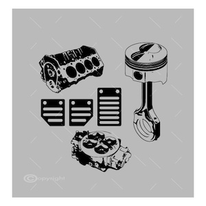 Puede incluir: Ilustración en blanco y negro de varias piezas de motor de automóvil, incluyendo una culata, pistones, un carburador y una biela. Las piezas están dispuestas en una cuadrícula sobre un fondo gris.