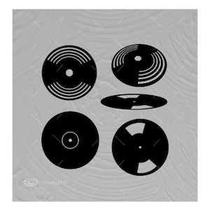 May include: Five black vinyl records of different sizes and styles. The records are arranged in a grid pattern on a gray background.