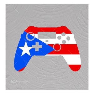 Op de afbeelding: Een videogamecontroller met de kleuren en het ontwerp van de Puerto Ricaanse vlag. De controller is rood, wit en blauw met een ster en een kruis in het midden.