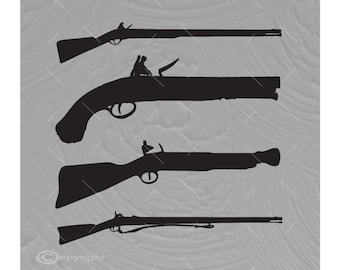 May include: Silhouettes of four different types of antique firearms. The guns are all black and are shown against a gray background.
