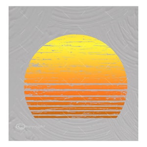 May include: A retro-style sunset graphic with a yellow, orange, and red color scheme. The sun is depicted as a circle with horizontal stripes, creating a vintage aesthetic.