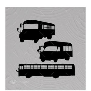 May include: Three black silhouette school buses, one with a large window, one with a smaller window, and one with a long window, on a gray background.