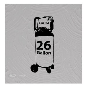 May include: Black and white illustration of a 26 gallon air compressor with a 150 PSI rating.