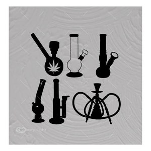 May include: A collection of six black silhouette images of water pipes and a hookah. The water pipes vary in shape and size, with one featuring a cannabis leaf design. The hookah has a central body and curved tubes.