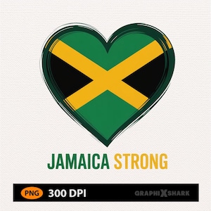 Könnte beinhalten: Ein herzförmiges Grafikdesign in den Farben der jamaikanischen Flagge: Grün, Gelb und Schwarz. Die Worte "JAMAICA STRONG" stehen darunter. Das Bild hat einen strukturierten Hintergrund und enthält "PNG 300 DPI".