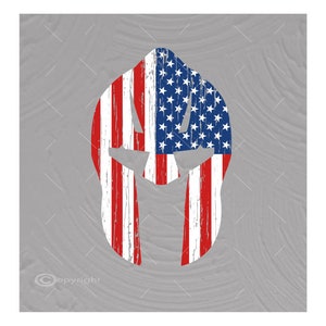 May include: A distressed American flag design in the shape of a Spartan helmet. The helmet is red, white, and blue with a white outline.