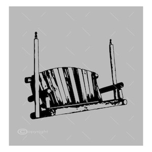 May include: Black and white silhouette of a wooden swing set with a striped seat.