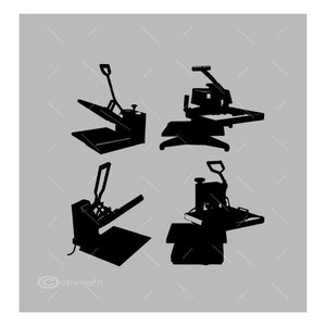 May include: Four black heat presses for transferring designs onto fabric. The presses are different sizes and have different features.