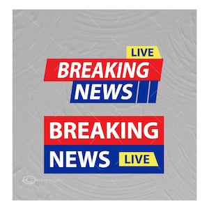 Peut inclure: Un graphique rouge et bleu avec le texte "BREAKING NEWS" en blanc. Le graphique du haut a le mot "LIVE" en jaune. Le graphique du bas a le mot "LIVE" en jaune.