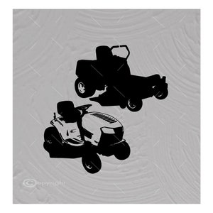 May include: Two black lawn mowers, one with a high back seat and the other with a lower seat, are shown against a gray background.