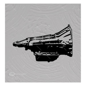 May include: Black and white silhouette of a car transmission, a mechanical part of an automobile.