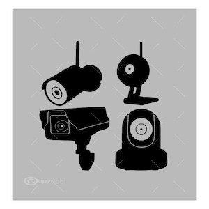 Puede incluir: Cuatro cámaras de seguridad negras con diferentes diseños. Las cámaras están sobre un fondo gris.