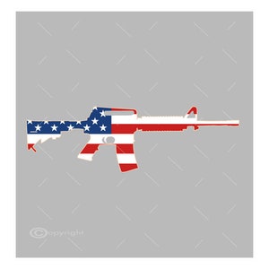 May include: A silhouette of an assault rifle with the American flag design. The rifle is outlined in orange and the flag is red, white, and blue.