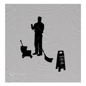 May include: A black silhouette of a person holding a mop and bucket, with a yellow caution sign that reads "Caution Wet Floor" in the foreground.