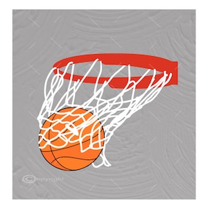 May include: An orange basketball going through a white net with a red rim. The background is a gray textured surface.