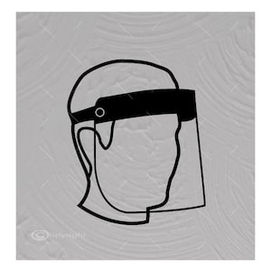May include: Black and white illustration of a person wearing a clear face shield with a black headband.