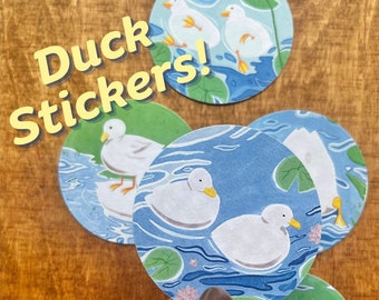 Leuke Duck Stickers mat cirkel papier aquarel - cottagecore grillige aquarel gouache schilderijen kunst illustratie eendjes