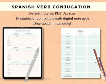 Spanish verb conjugation charts language learning notes, printable PDF/iPad notes Duolingo