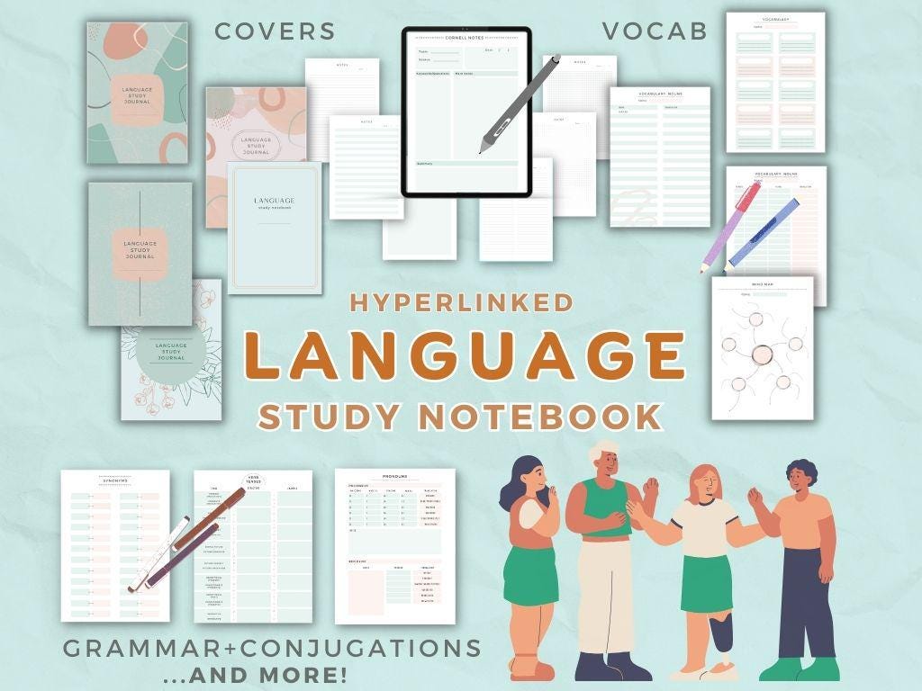 The ORIGINAL Language Learning Planner hyperlinked notebook study journal, iPad notes or printable PDF