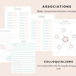 May include: A printable worksheet set for learning and practicing vocabulary. The set includes pages for writing practice, synonyms, antonyms, idioms, and mind mapping.