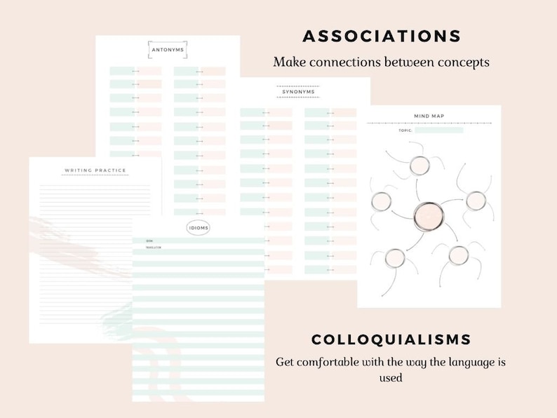 May include: A printable worksheet set for learning and practicing vocabulary. The set includes pages for writing practice, synonyms, antonyms, idioms, and mind mapping.
