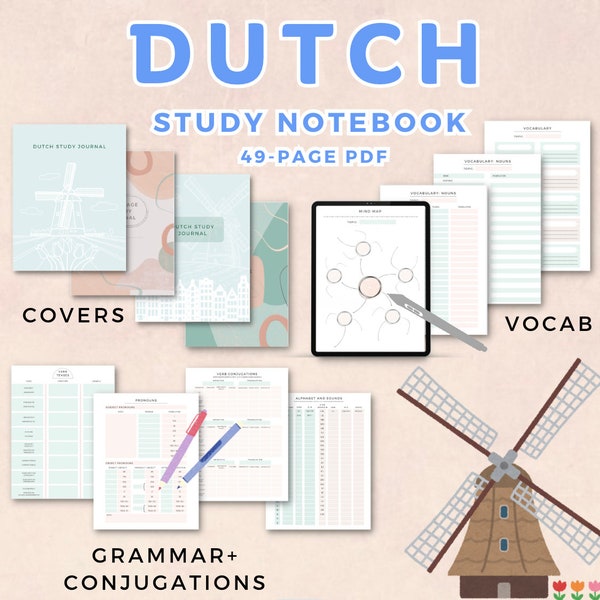Diario de estudio del cuaderno de aprendizaje del idioma holandés, Nederlands taal, plantilla de notas imprimible en PDF/iPad