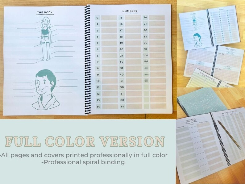 May include: A full color spiral bound notebook with a light blue cover. The notebook has pages for drawing the human body and for writing numbers. The notebook has the text "THE BODY" and "NUMBERS" printed on the cover.