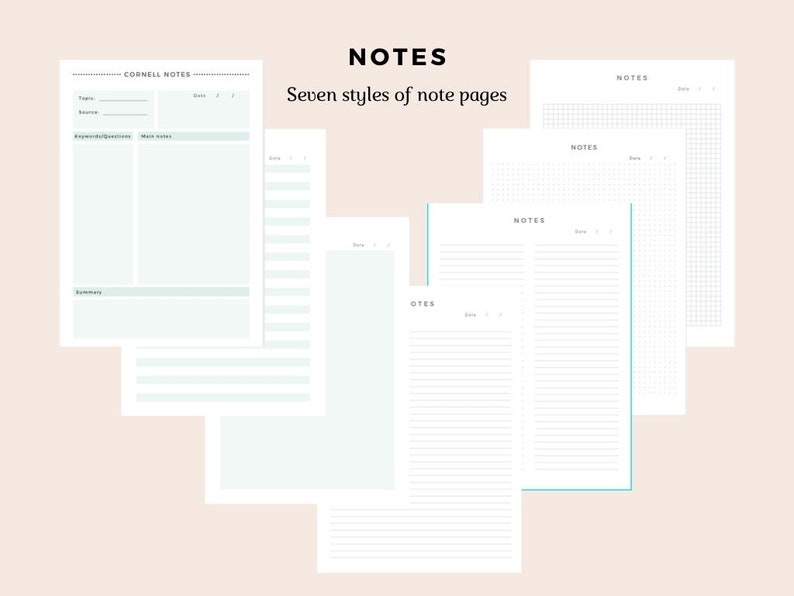 May include: Seven different styles of blank note pages, including Cornell notes, lined paper, grid paper, and blank pages. The pages are all white with black text and lines.