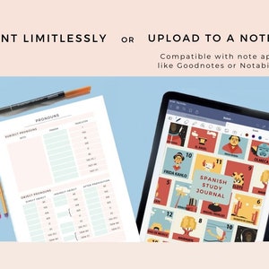 May include: A digital tablet displaying a Spanish study journal with colourful illustrations and text. The journal is divided into 12 sections, each with a different topic. The tablet is on a blue surface with two pens.