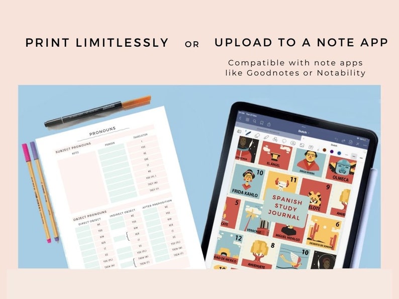 May include: A digital tablet displaying a Spanish study journal with colourful illustrations and text. The journal is divided into 12 sections, each with a different topic. The tablet is on a blue surface with two pens.
