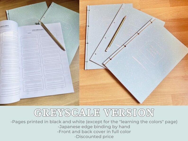 May include: A grayscale version of a language study journal with a Japanese binding. The cover is light blue with a white speckled pattern and the text "Language Study Journal" printed in white. The inside pages are blank and ready for writing.