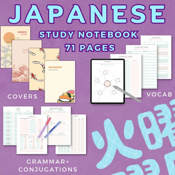 Japanisch Katakana Hiragana Kanji Sprache lernen Notizbuch Lernjournal Romaji Manuskript druckbare PDF / iPad Notizen Vorlage Duolingo