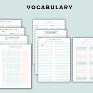 May include: Set of printable vocabulary worksheets with headings for verbs, adjectives, nouns, adverbs, conjunctions, and spatial prepositions. Each worksheet has a section for the word, translation, and definition.