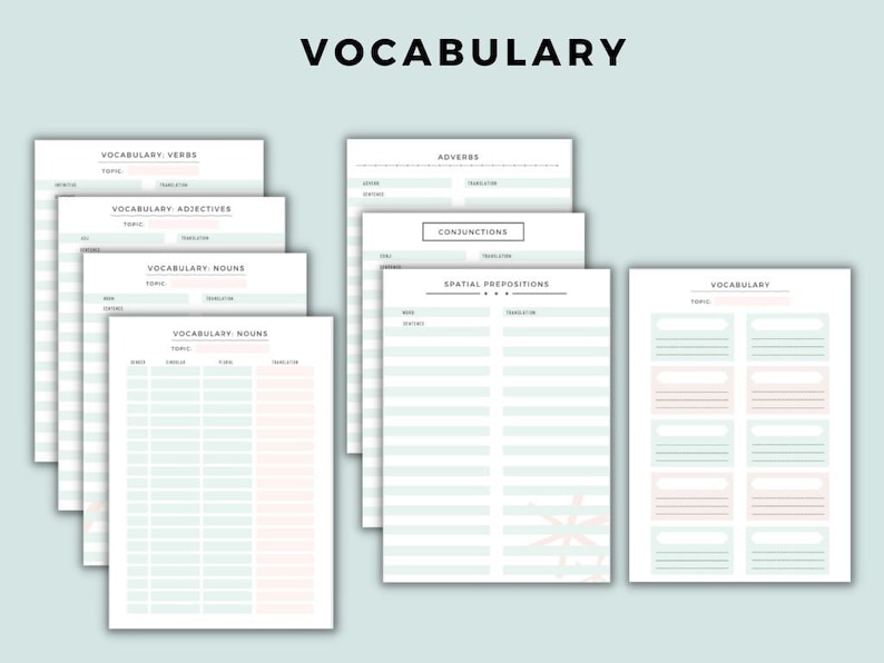 May include: Set of printable vocabulary worksheets with headings for verbs, adjectives, nouns, adverbs, conjunctions, and spatial prepositions. Each worksheet has a section for the word, translation, and definition.