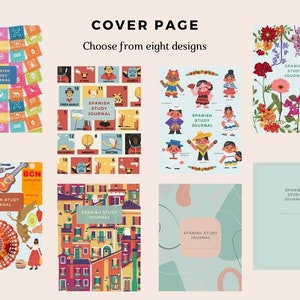 May include: Eight different cover designs for a Spanish study journal. The covers feature colourful illustrations of Spanish culture, including flowers, buildings, and people. The text "SPANISH STUDY JOURNAL" appears on each cover.