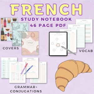 French language learning notebook study journal, Francais langue, printable PDF/iPad notes template Duolingo