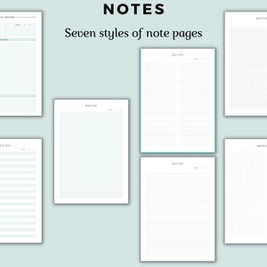 May include: Seven different styles of blank note pages, including Cornell notes, lined paper, grid paper, and plain paper. The pages are all white with black text and are arranged in a grid pattern.