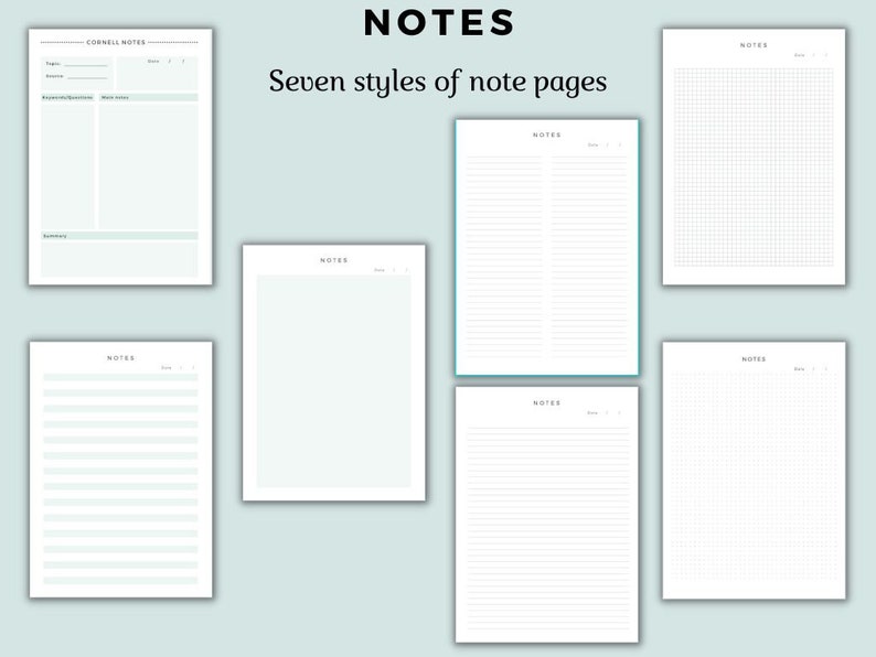 May include: Seven different styles of blank note pages, including Cornell notes, lined paper, grid paper, and plain paper. The pages are all white with black text and are arranged in a grid pattern.