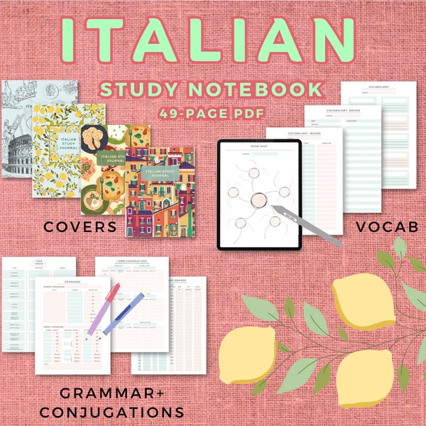 Italian language learning notebook study journal, printable PDF/iPad notes template