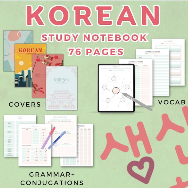 Korean Hangul language learning notebook study journal manuscript printable PDF/iPad notes template
