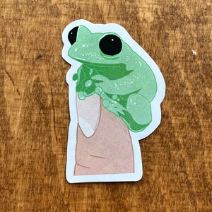 Cute Tiny Frog on Finger Sticker vinyl die cut laptop water bottle - whimsical cottagecore goblincore colorful illustration
