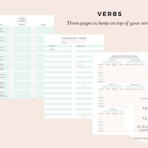 May include: Three printable worksheets for learning Spanish verb conjugations. The first page is a chart of verb tenses, the second page is a vocabulary list for verbs, and the third page is a chart for conjugating verbs in different tenses.